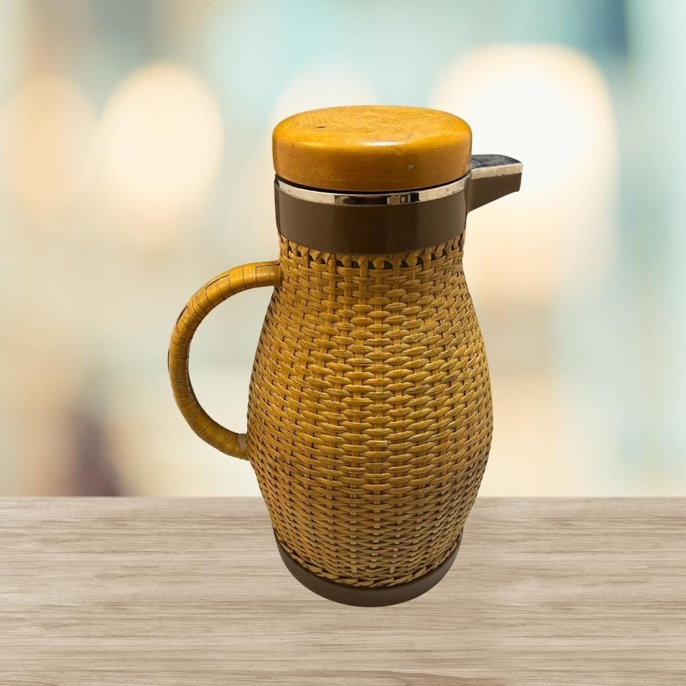 Vintage Zojirushi Rattan Thermal Carafe - Japanese Woven Wicker Coffee Pot